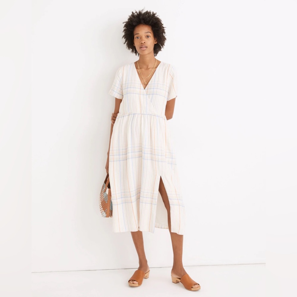 Madewell Cream Midi Dress with Subtle Pastel Plaid